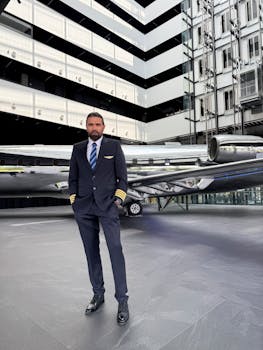 Confident pilot poses near private jet in modern building setting.