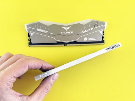 Close-up of T-Force Delta RGB DDR5 RAM held by a hand against a vibrant yellow background.