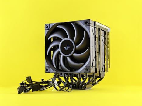 A sleek and modern CPU cooler with cables displayed against a vibrant yellow backdrop.