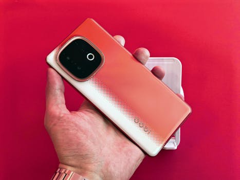 A vibrant smartphone held against a matching red background, highlighting its sleek design.