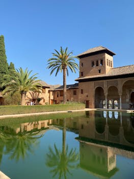 Stunning view of Alhambra Palace reflecting in water, capturing Andalusian architecture.