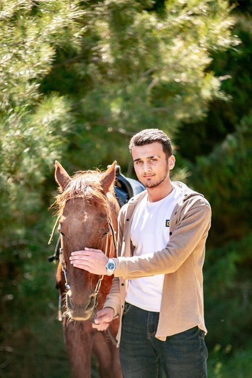 Free A young man stands beside a brown horse, surrounded by lush greenery. Stock Photo