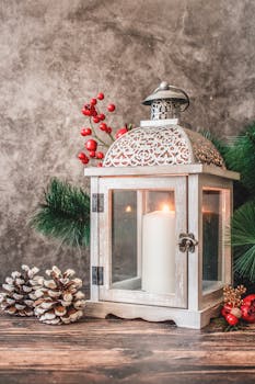 白色灯笼搭配松果和红浆果环绕的蜡烛，非常适合圣诞装饰