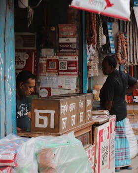 Bustling tea shop with traditional decor in a vibrant South Asian market scene.