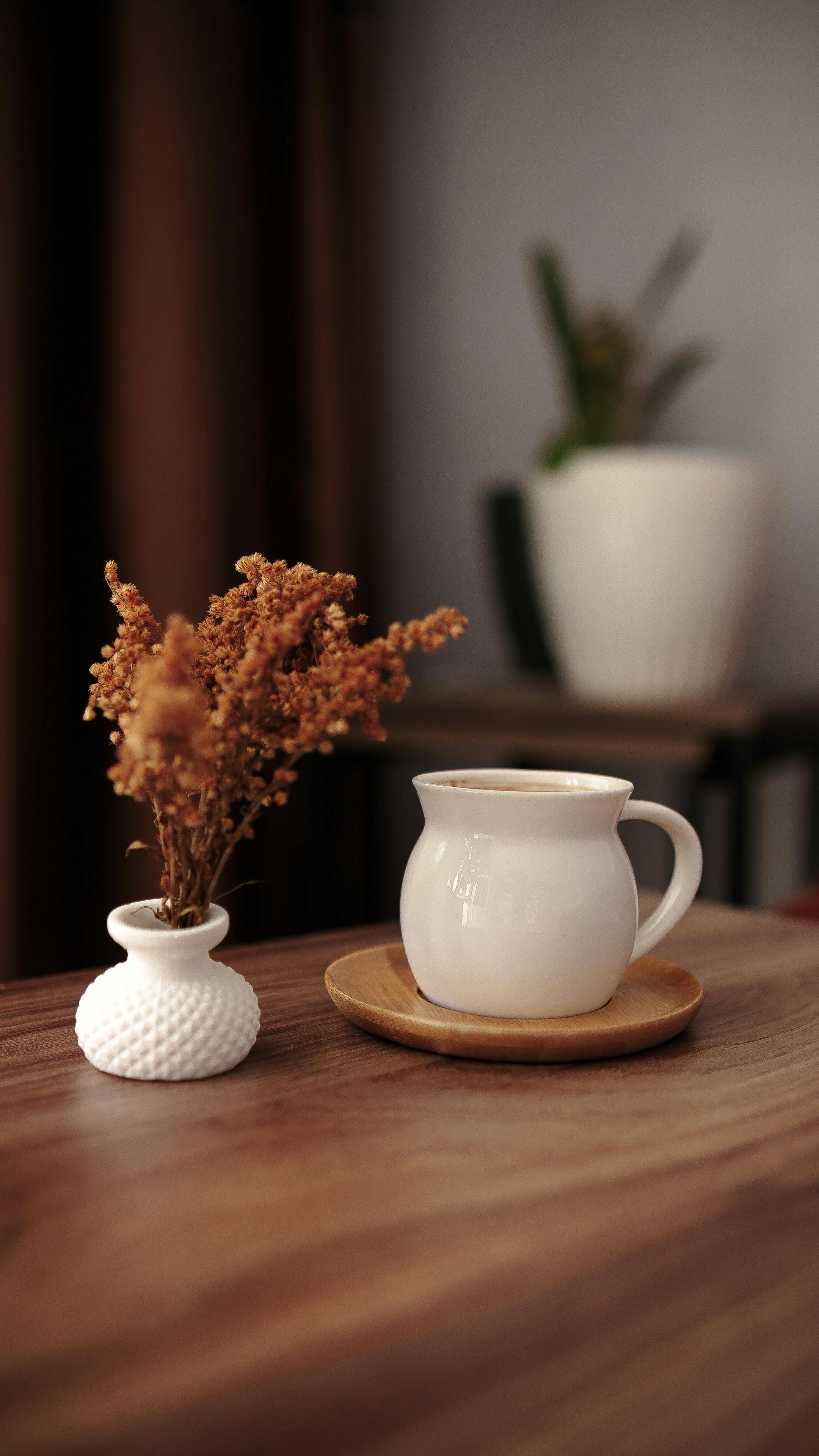 cozy interior with coffee and dried flowers