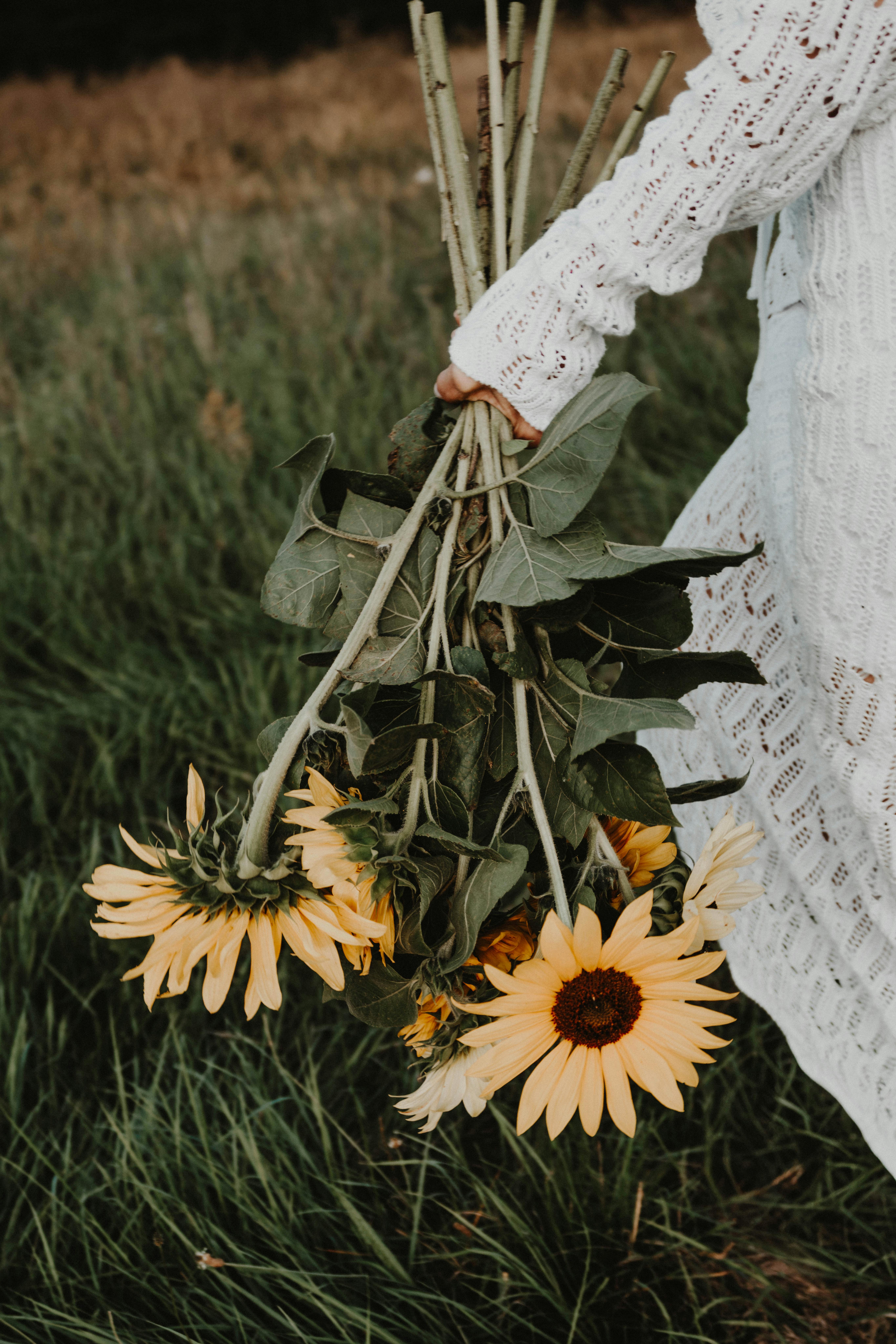 A woman in a lace dress holds sunflowers in a grassy field, evoking a peaceful summer vibe.