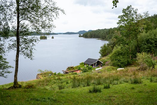 Peaceful lakeside cabin surrounded by lush greenery in Norwegian fjord landscape.