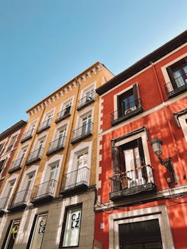 Vibrant building facades under a clear blue sky, highlighting European urban charm.