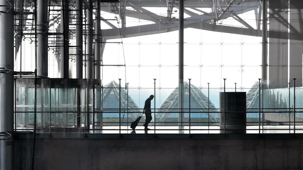 Silhouette of a traveler with suitcase in a modern glass and steel airport terminal.