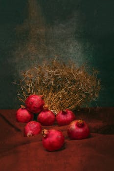 Artistic portrayal of pomegranates and dried flowers in a rustic setting.