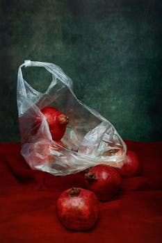 Elegant still life featuring ripe pomegranates in a translucent plastic bag on rich red fabric.