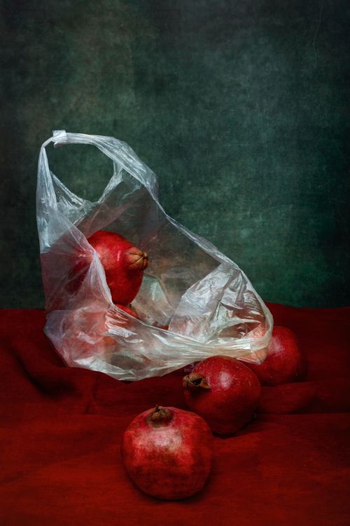 Free Elegant still life featuring ripe pomegranates in a translucent plastic bag on rich red fabric. Stock Photo