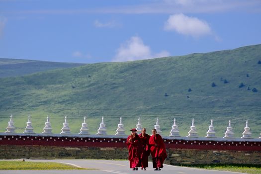 Three Buddhist monks in red robes walk by a stupa-lined path against a lush green hillside.