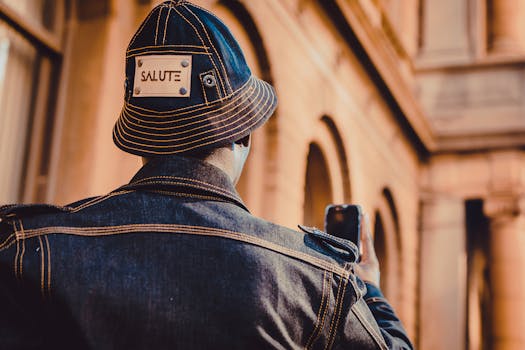 A person wearing denim captures an urban setting with a smartphone, showcasing street fashion.