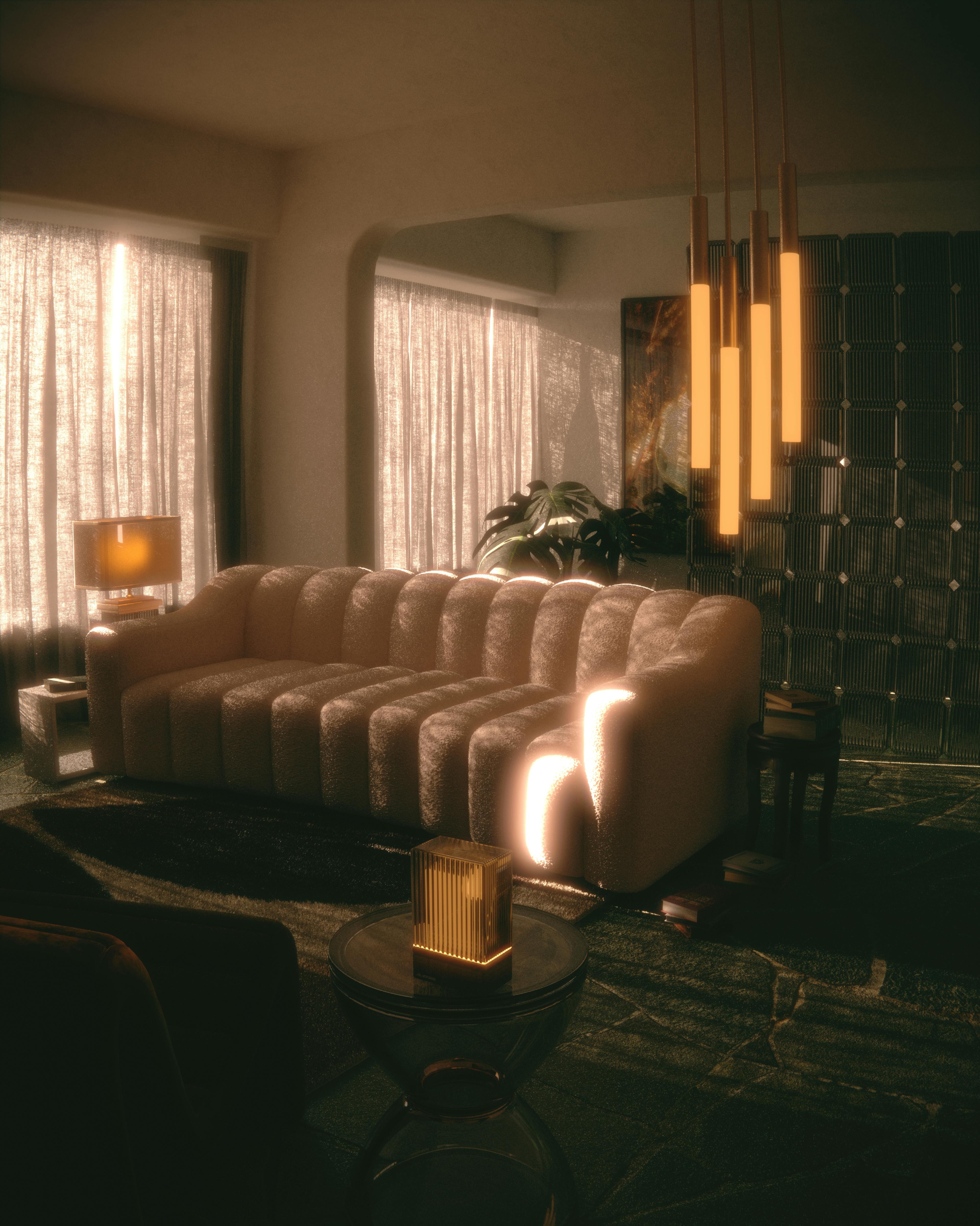 Elegant modern living room with a cozy sofa and artistic lighting, creating a warm atmosphere.