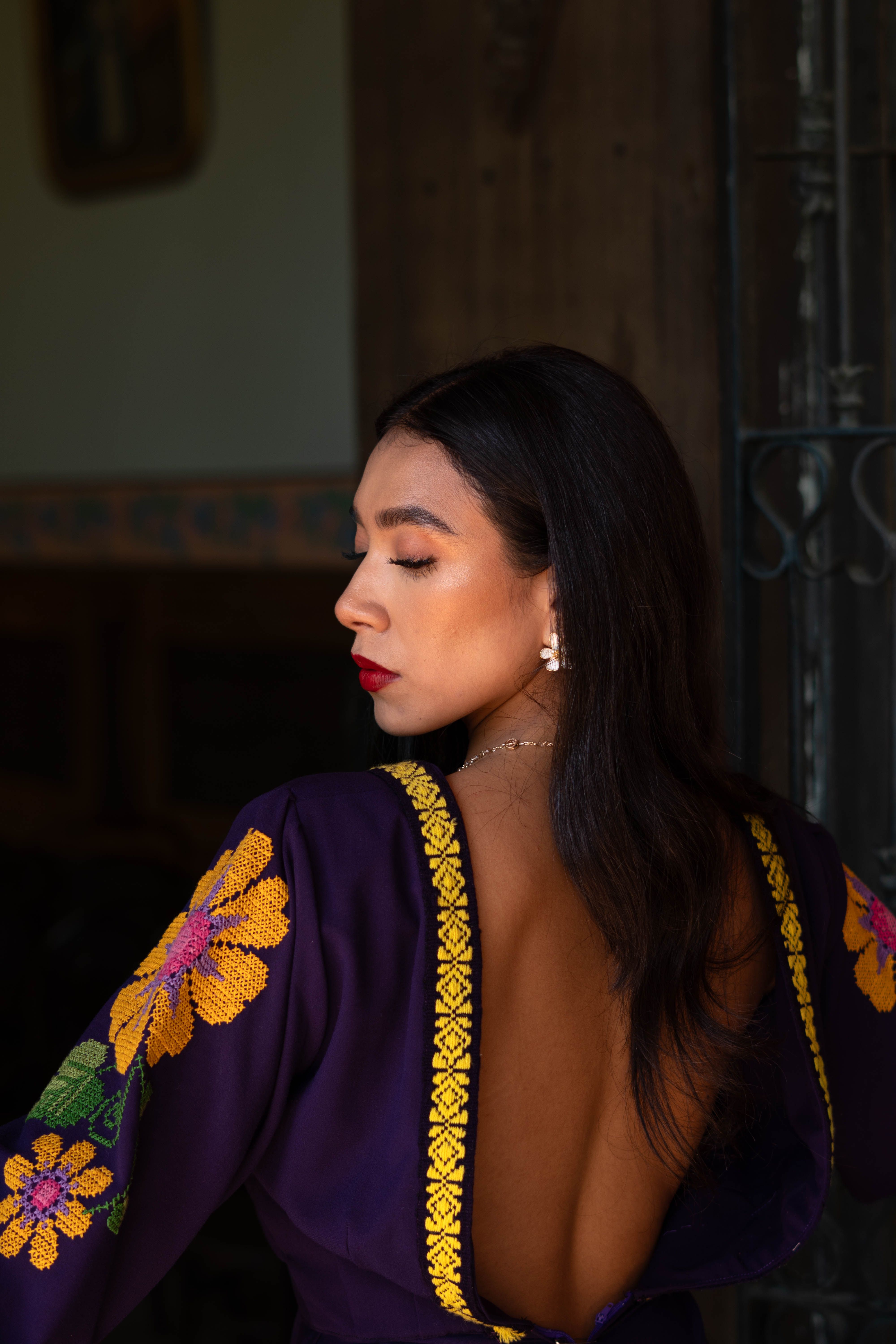 Elegant Woman in Traditional Mexican Dress Indoors  Free Stock Photo