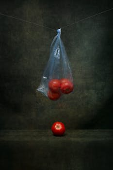 Artistic still life of tomatoes in a plastic bag against a dark background.