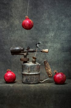 Rustic still life of a vintage blowtorch amid vibrant pomegranates.