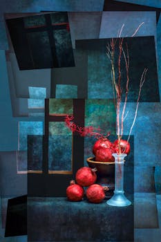 A vibrant abstract still life featuring pomegranates and a vase against a collage background.