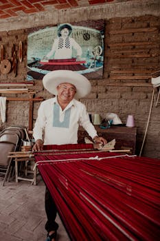 A smiling Mexican weaver demonstrates traditional loom weaving techniques in Oaxaca, Mexico.