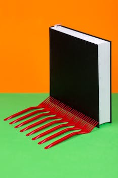 A black book creatively styled with red combs against an orange and green background.