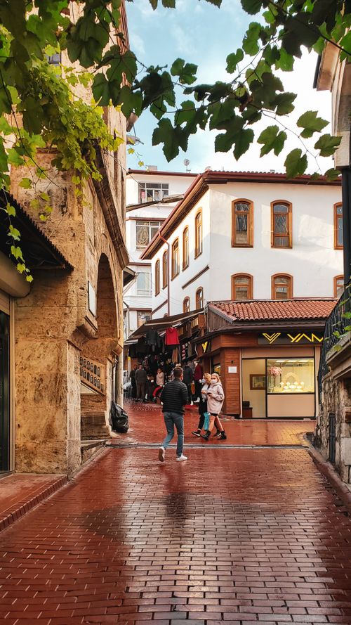 Free Brick street with people walking in a picturesque historic district under leafy trees. Stock Photo
