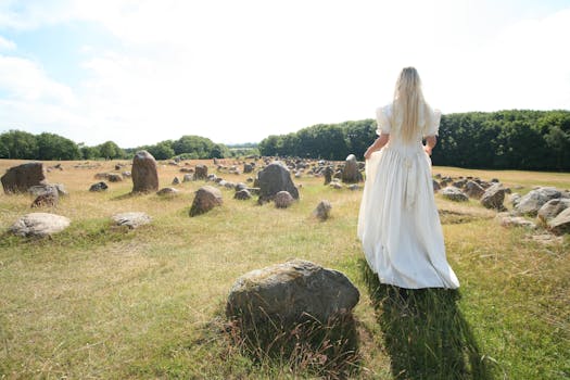 阳光明媚的日子里，一个穿着白色连衣裙的女人走过一块石头，捕捉到宁静的乡村景观
