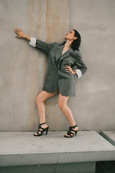 Woman in oversized blazer and high heels posing against urban wall, striking a confident pose.