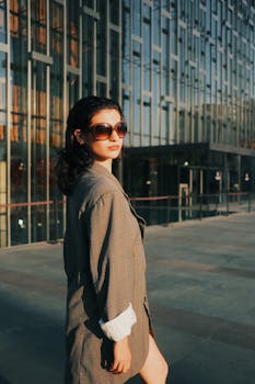 Fashionable woman in sunglasses stands confidently in front of a modern glass building, bathed in sunlight.