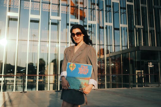 A fashionable woman holding a vintage album in front of a modern glass building during sunset.