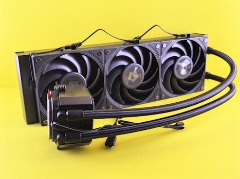 Triple fan liquid cooling system for efficient PC cooling on bright yellow background.