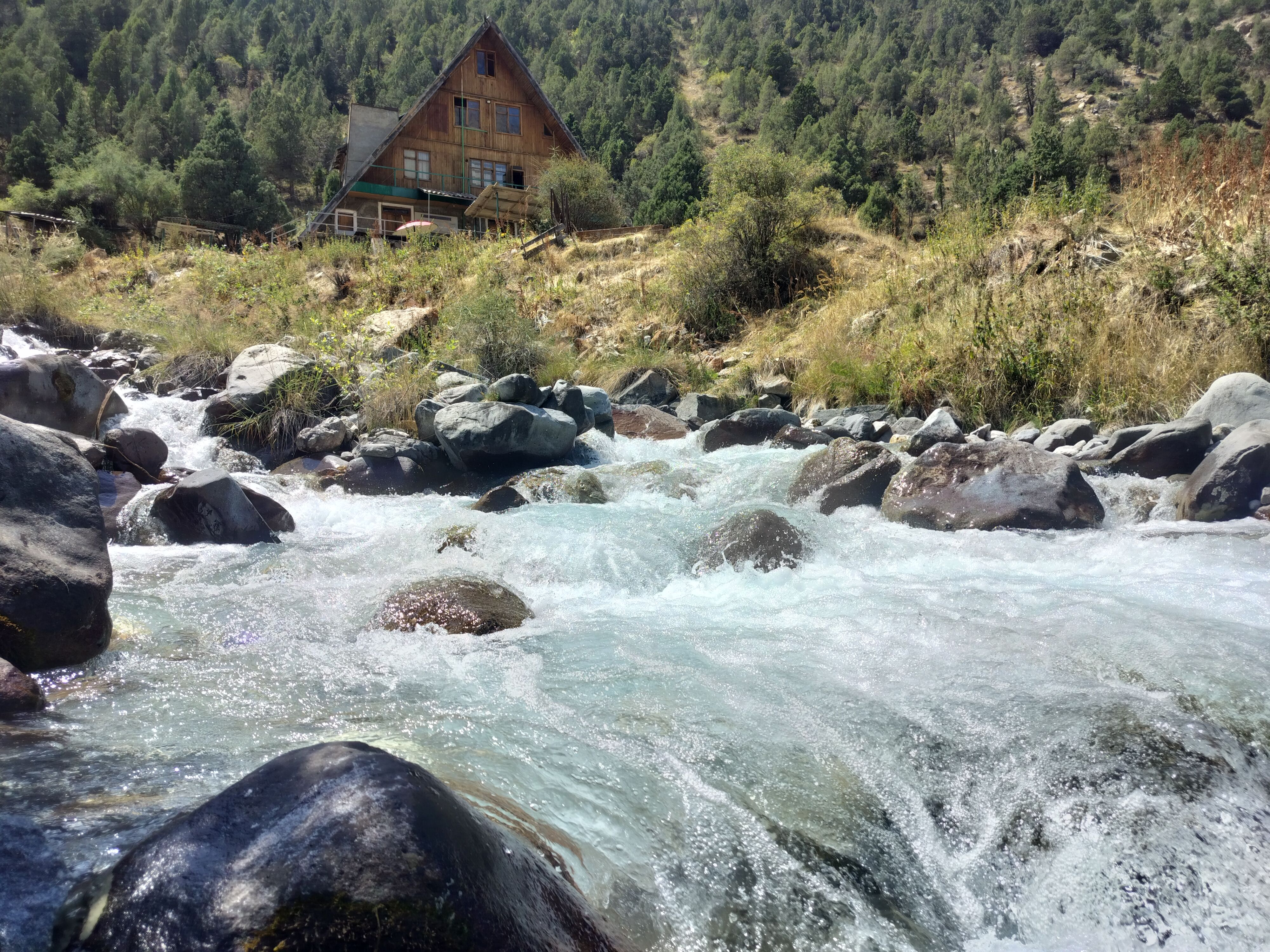 Scenic Mountain Cabin with Flowing Stream · Free Stock Photo