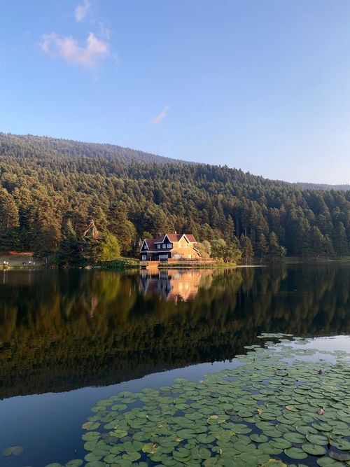 Free Tranquil lake scene with a cottage surrounded by lush forest in Bolu, Türkiye. Stock Photo