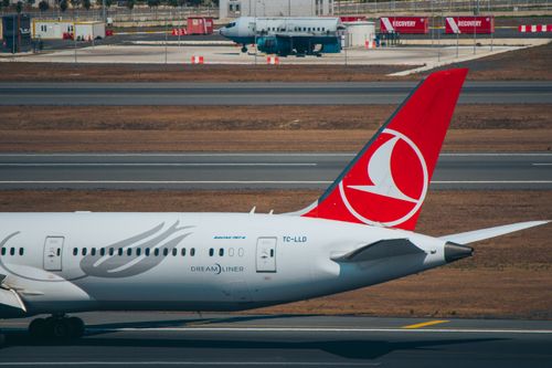 Free A Turkish Airlines Boeing 787 Dreamliner prepares for takeoff at Istanbul Airport, featuring iconic tail fin design. Stock Photo