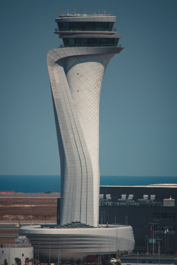 Iconic modern air traffic control tower at Istanbul Airport