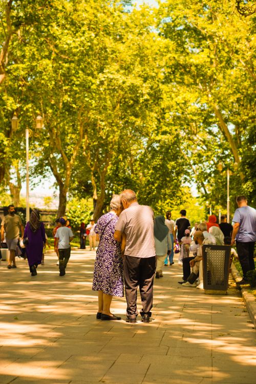 Free Elderly couple happily strolling through a sunlit park surrounded by families. Stock Photo