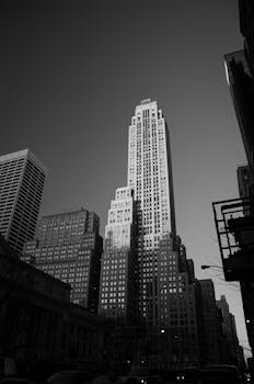 Dramatic black and white cityscape of New York skyscrapers under clear sky.