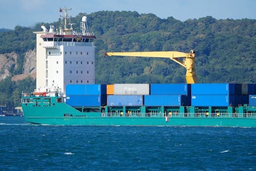 Large container ship sailing through the Istanbul Bosphorus on a sunny day with green hills in the background.