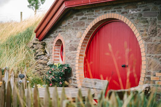 Picturesque Hobbit-style house with red round door in Dunblane, Scotland. Ideal for fantasy fans.
