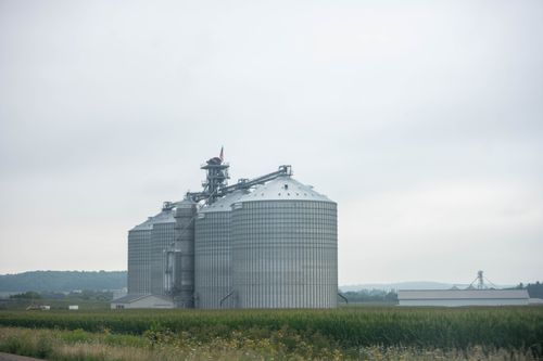 Free Grain silos standing tall in a rural Minnesota landscape under a cloudy sky. Stock Photo