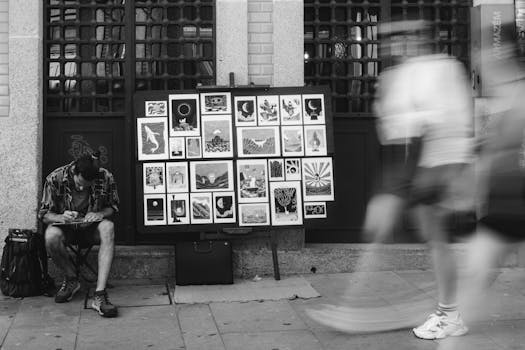 A street artist engaged in crafting art pieces on a busy street in Porto.