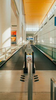 Interior airport walkway bathed in sunlight, featuring modern architecture with clean lines and bright colors.