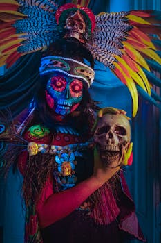Colorful traditional Day of the Dead costume with intricate face paint in Mexico City, cultural celebration.