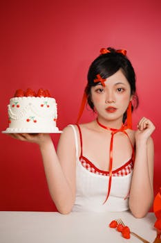 Portrait of a young woman in a red and white outfit holding a strawberry cake against a red background.