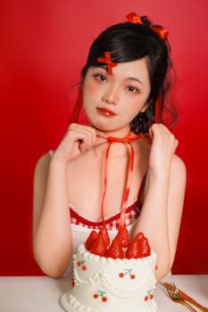 A woman in red ribbon holding a cake with strawberries on a red background.