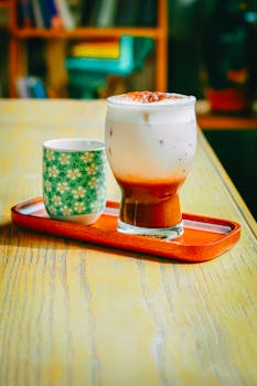 A vibrant photo of milk tea and floral cup on a tray in a cozy indoor setting.
