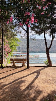 Tranquil scene of a lakeside with blooming pink flowers and serene dock