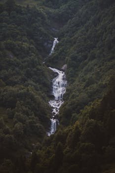 A stunning waterfall cascading down a lush, misty forest hillside, creating a tranquil atmosphere.