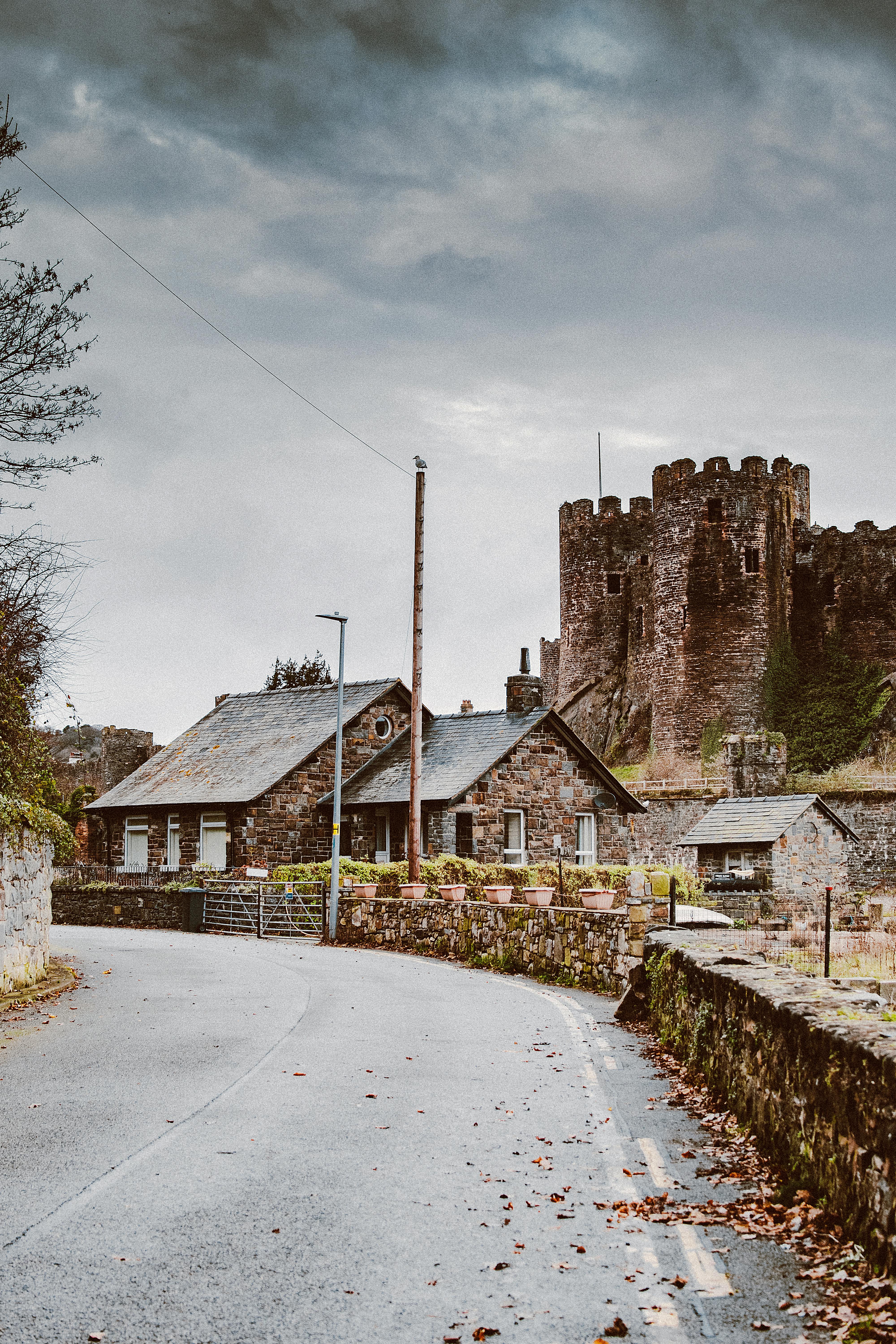 Charming rustic houses and a historic castle under a moody sky, showcasing architectural beauty.