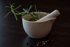 Elegant white porcelain mortar with fresh rosemary and peppercorns on a wooden surface.